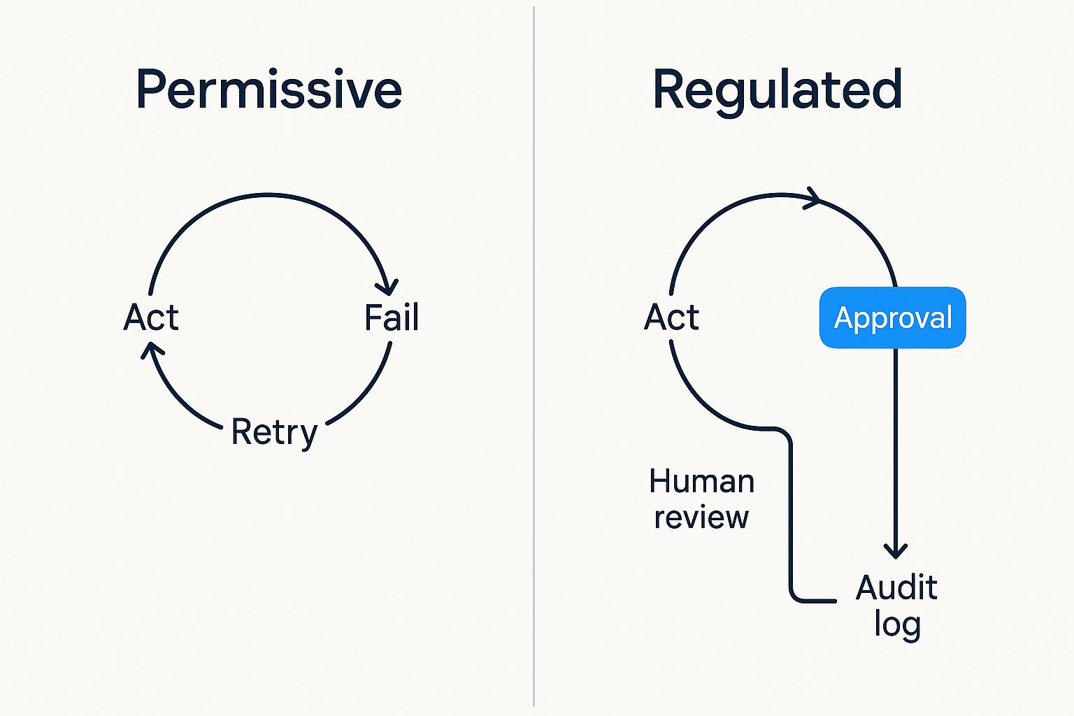 On the left, a permissive agent loop that freely cycles act, fail, retry. On the right, the same loop interrupted by an approval gate, human review, and an audit log.