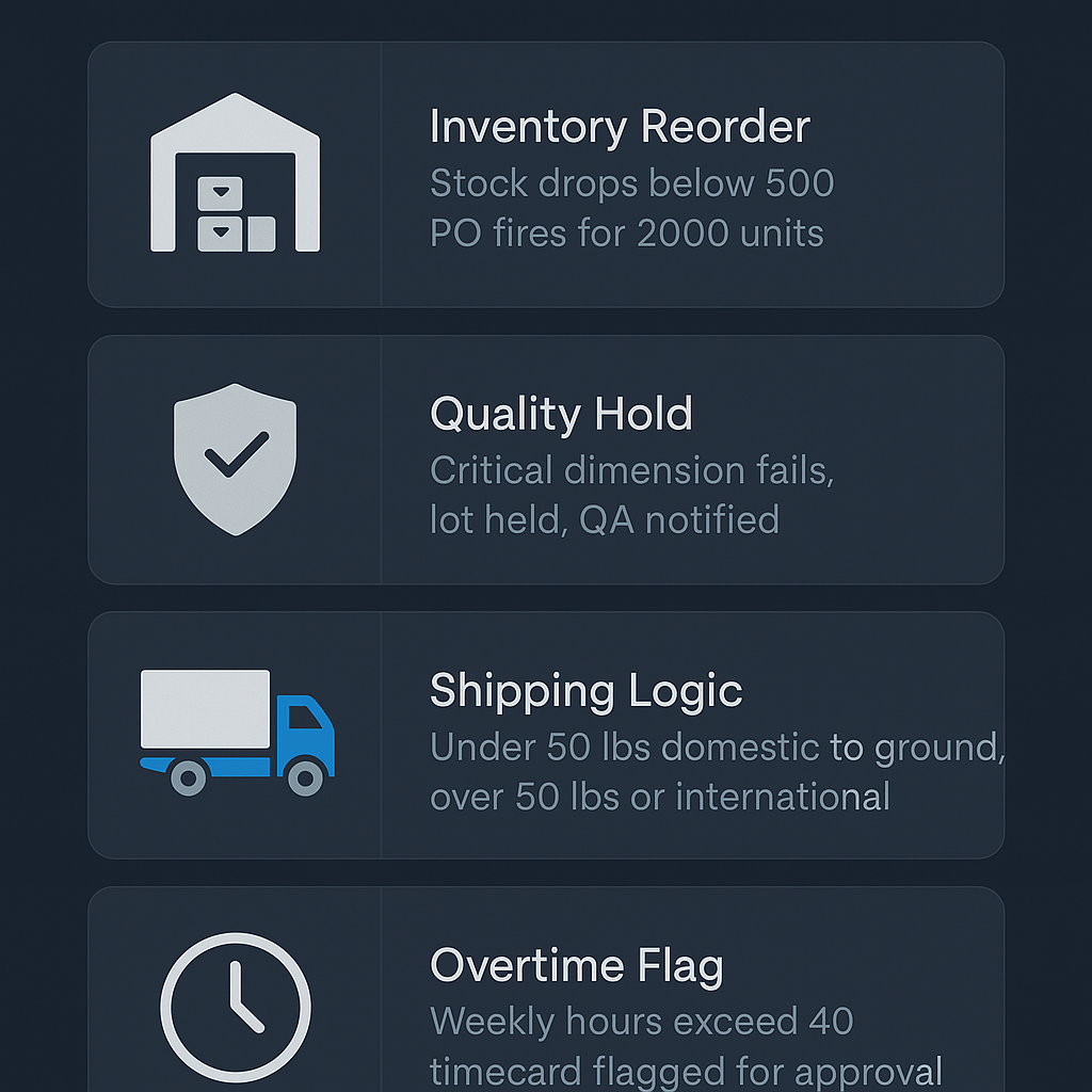 Four examples of rules-based automation in operations: inventory reorder, quality hold, shipping logic, overtime flag