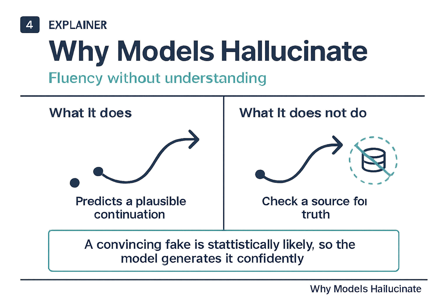 Why models hallucinate: the model predicts a plausible continuation, but it does not look up a source to check whether it is true.